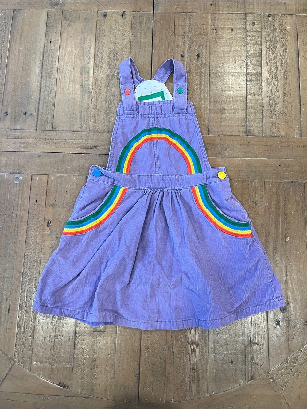 Mini Boden purple corduroy rainbow pinafore dress 5-6 years